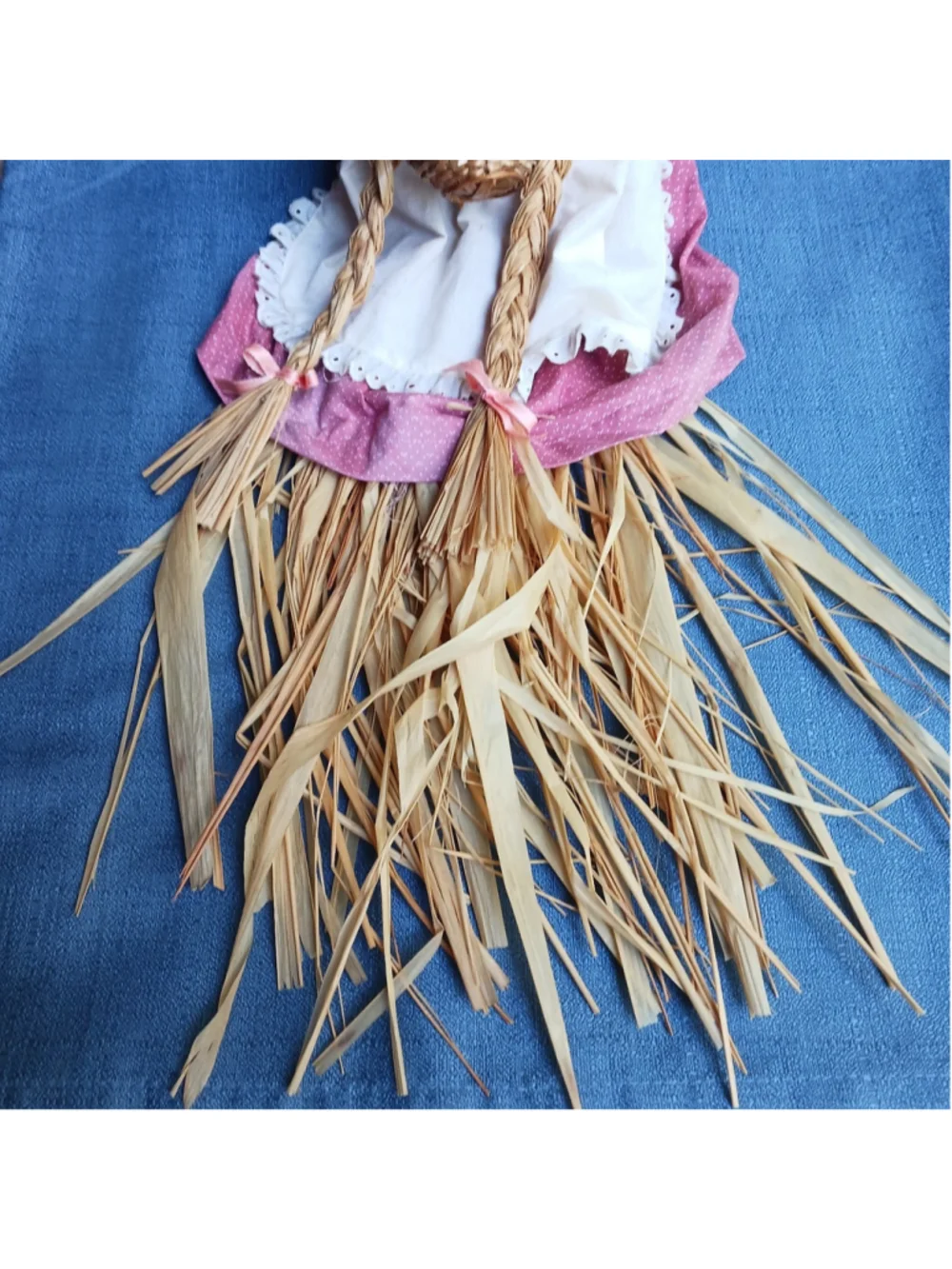 VTG Cottagecore Straw Doll Pink Calico Braids Basket 16